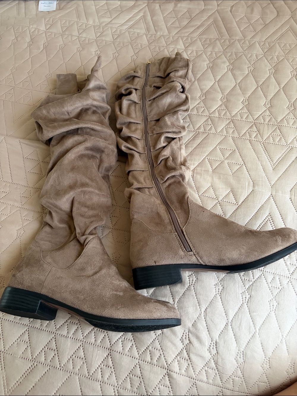 Womens Taupe Suede Slouch Knee-High Boots